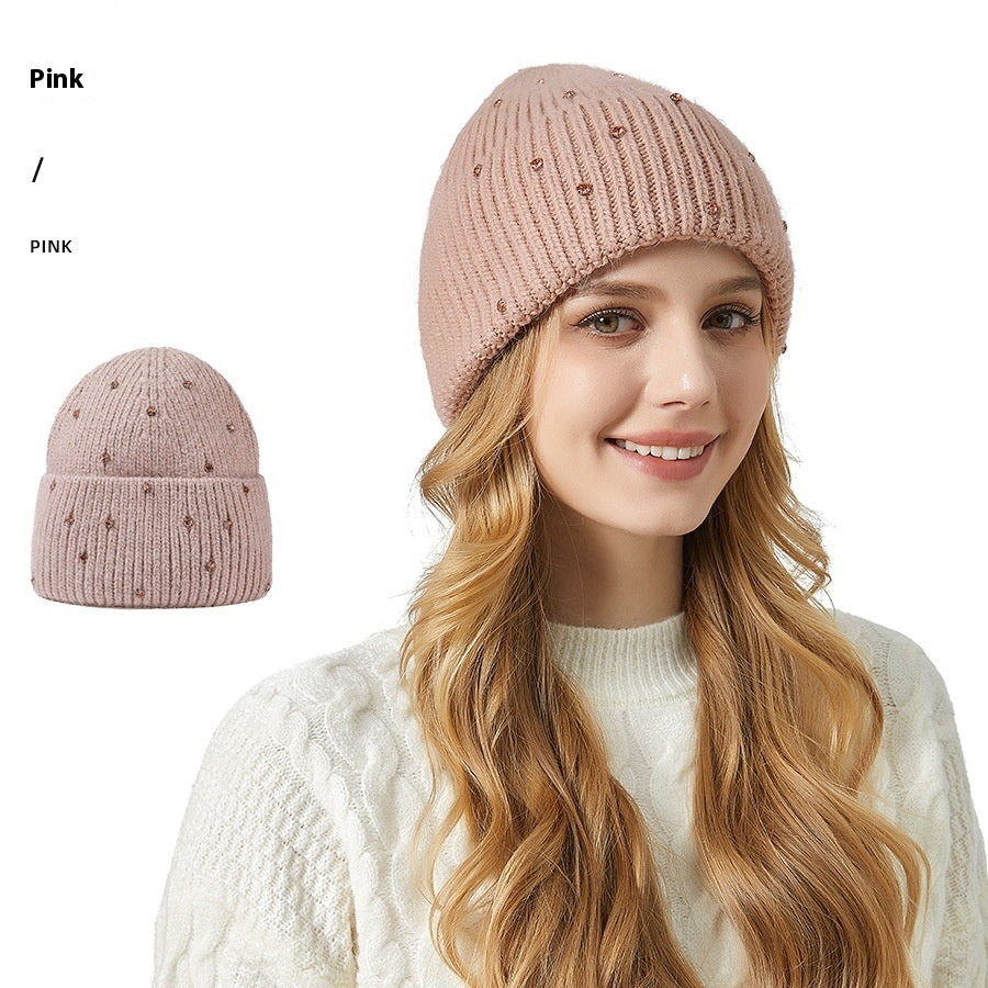 Exquisite Rhinestone Angola Rabbit Fur Hat Thickened Elastic Knitted Hat