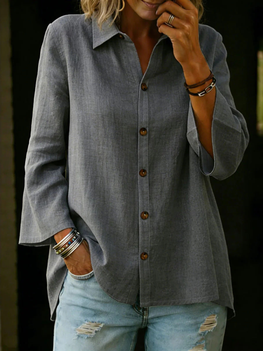 Single-breasted Solid-color Three-quarter-sleeve Womens Blouse