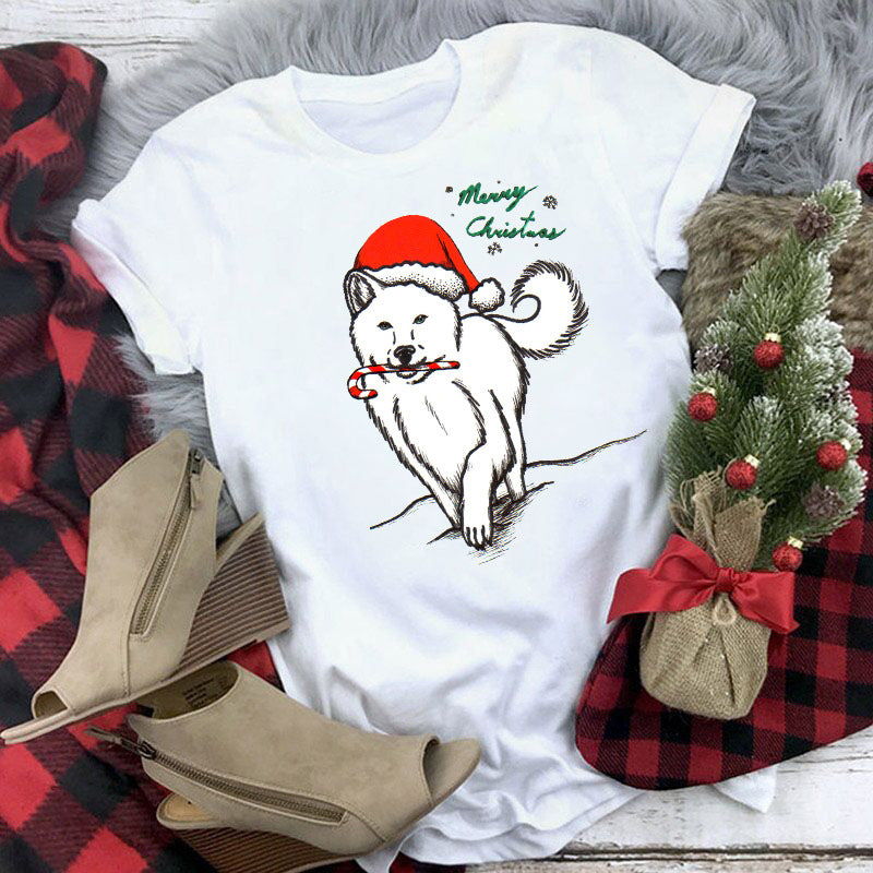 Christmas Lady Cute Dog Printed Short-sleeved Top Casual