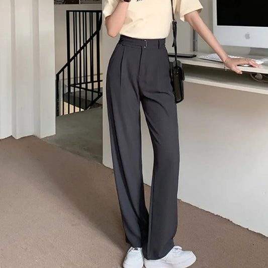 Summer Gray Small Suit Pants Women's Ice Silk High Waist Straight Narrow Wide-leg Pants