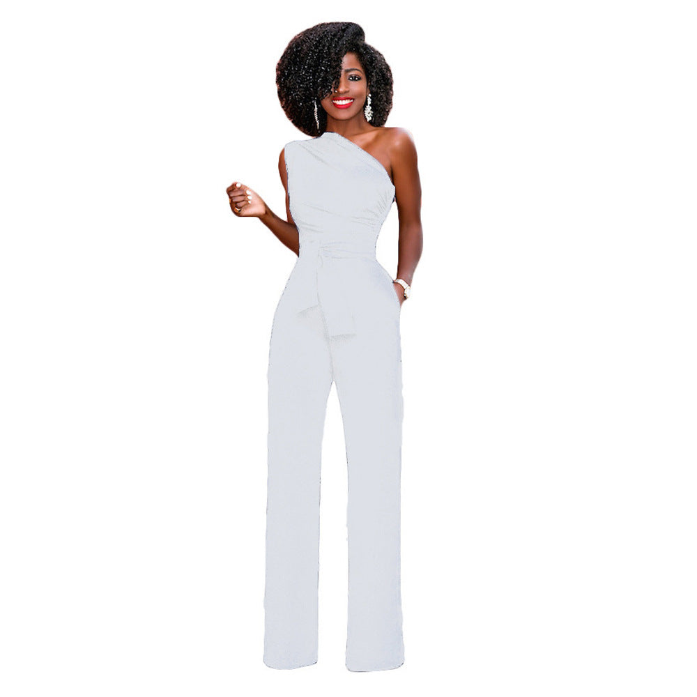 Solid-color Slanted-collar Buttoned Jumpsuit With Wide Legs
