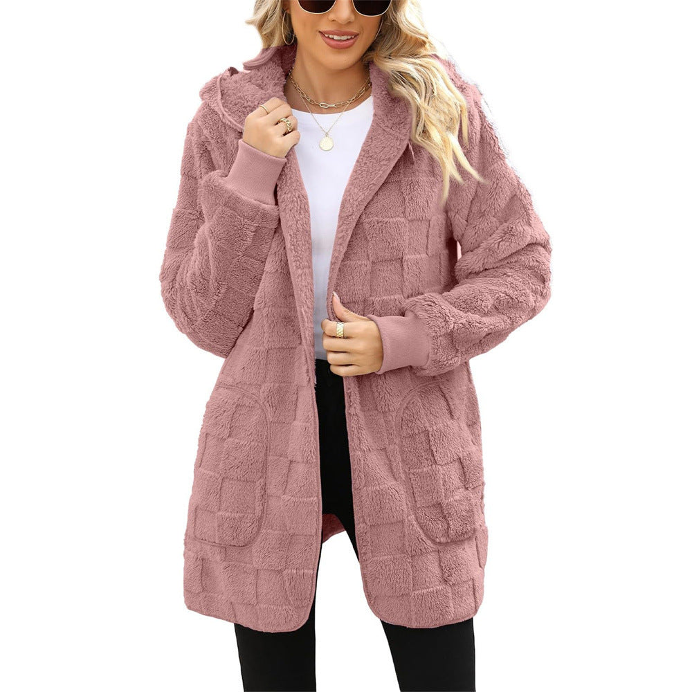 Cardigan Plaid Jacquard Hooded Pocket Plush Cardigan Jacket