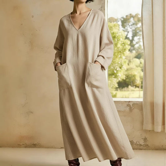 Casual Solid-Colored V-Neck Pocket Long-Sleeve Cotton-Linen Dress