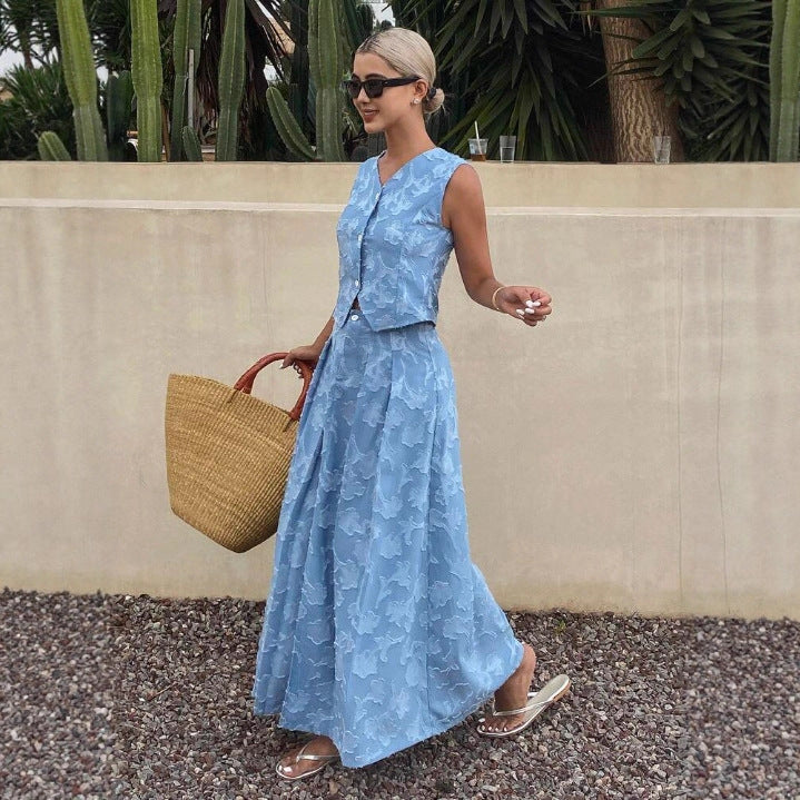 Womens Casual, Stylish, Western-Style Jacquard Vest And Skirt Set