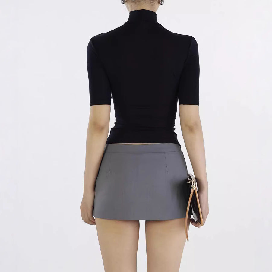 Retro Tencel Lycra Skin-friendly Turtleneck Shoulder Half Sleeve