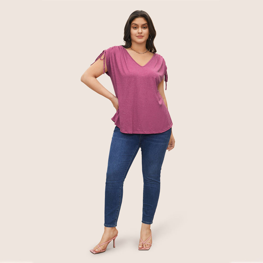 New Drawstring Vest V-neck Solid Color Casual Loose Short-sleeve T-shirt