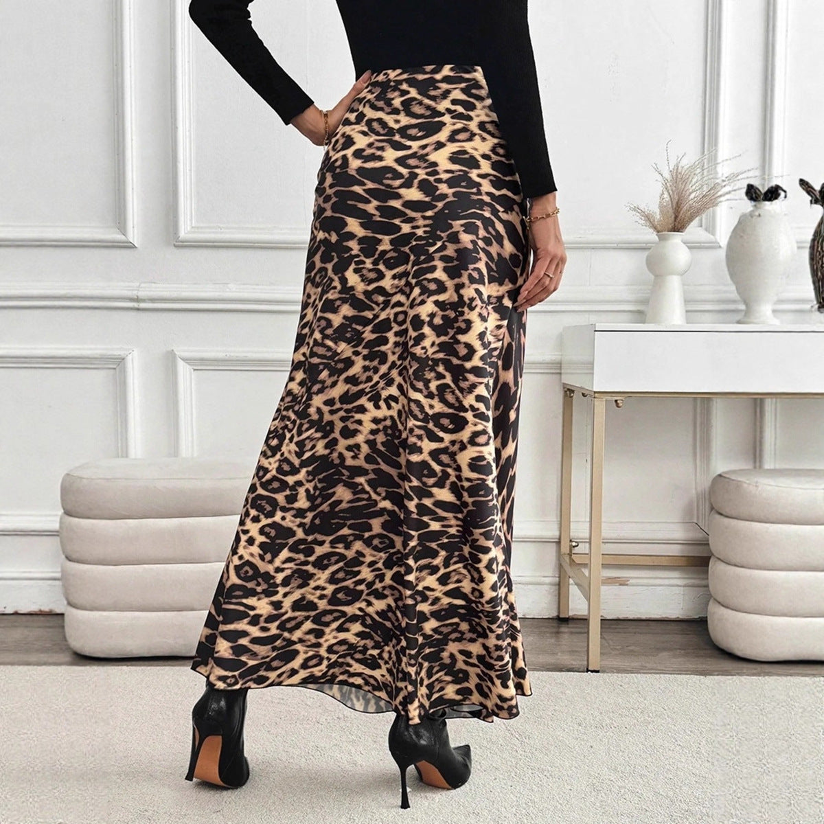 Slimming Leopard Print Skirt High-waisted Loose Long Dress With Print
