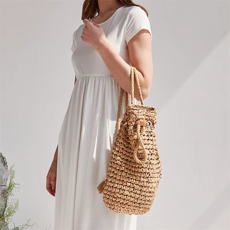 2023 Summer Women's Handmade Straw Backpacks - Casual Drawstring Beach Shoulder Bags in Raffia Rattan Woven Design