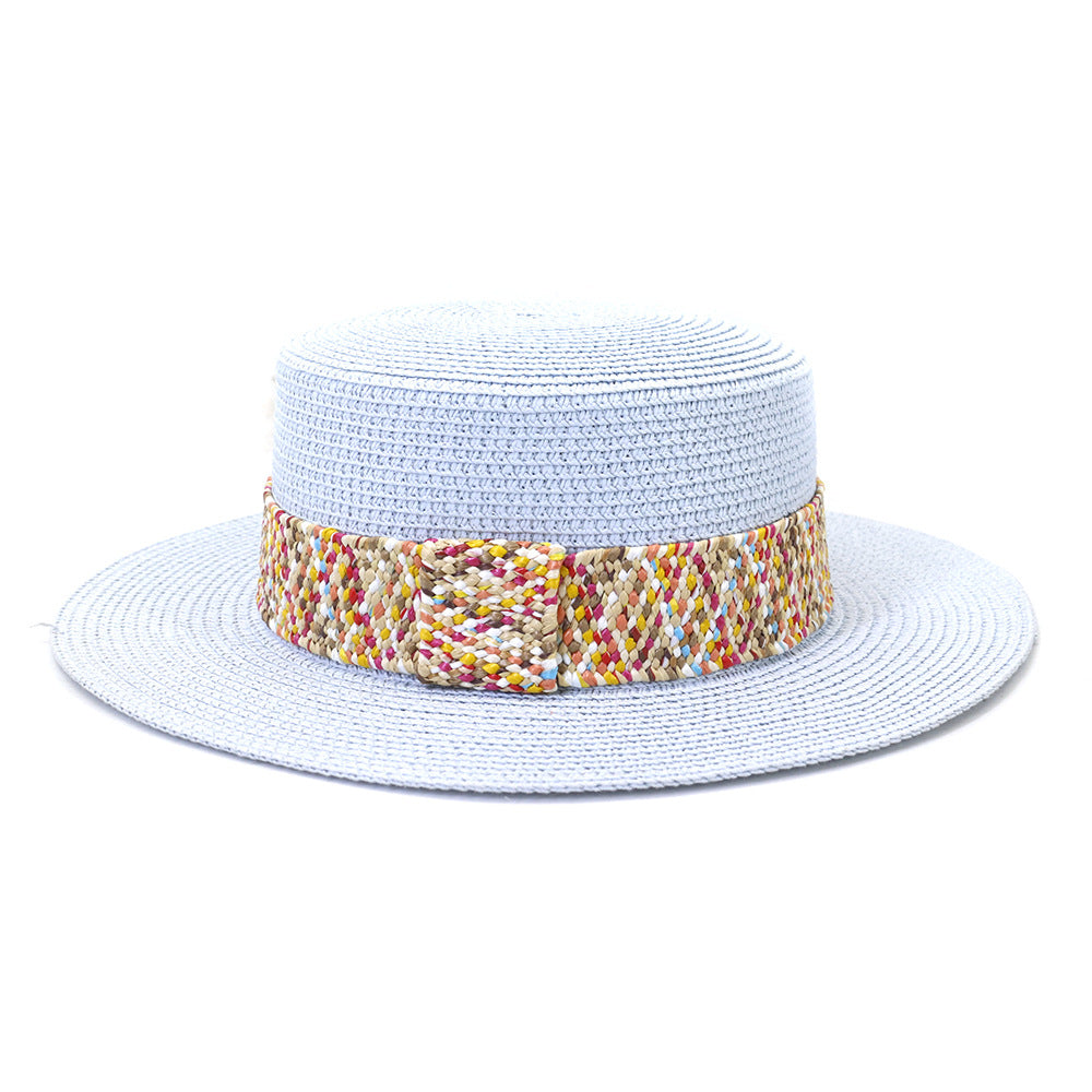 Color Flat Top Straw Hat Outdoor Travel Sunscreen