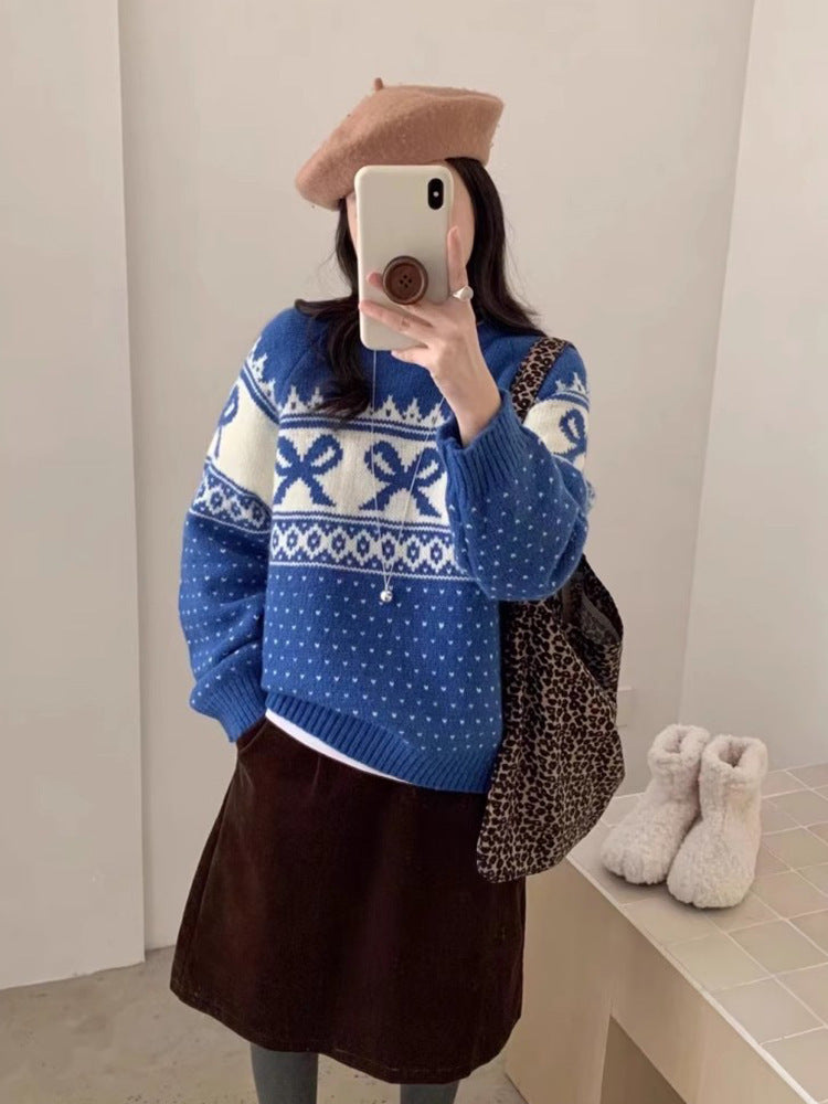 Women's Korean-style Vintage Jacquard Round Neck Sweater With Bow
