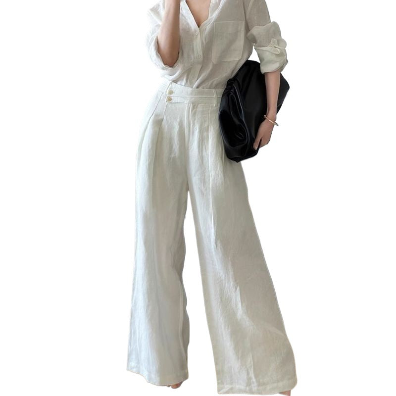 Breathable Shirt And Versatile Wide-Leg Pants Two-Piece Set For Women
