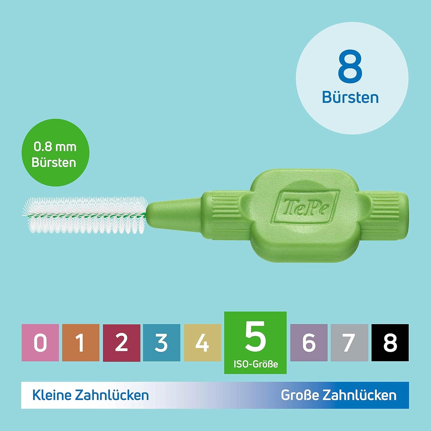 Tepe Interdentalbürste, Original, Grün, 0,8 Mm/Iso 5, 8 Stk., Plaque-Entfernung, Effiziente Reinigung Der Zahnzwischenräume,Für Große Lücken