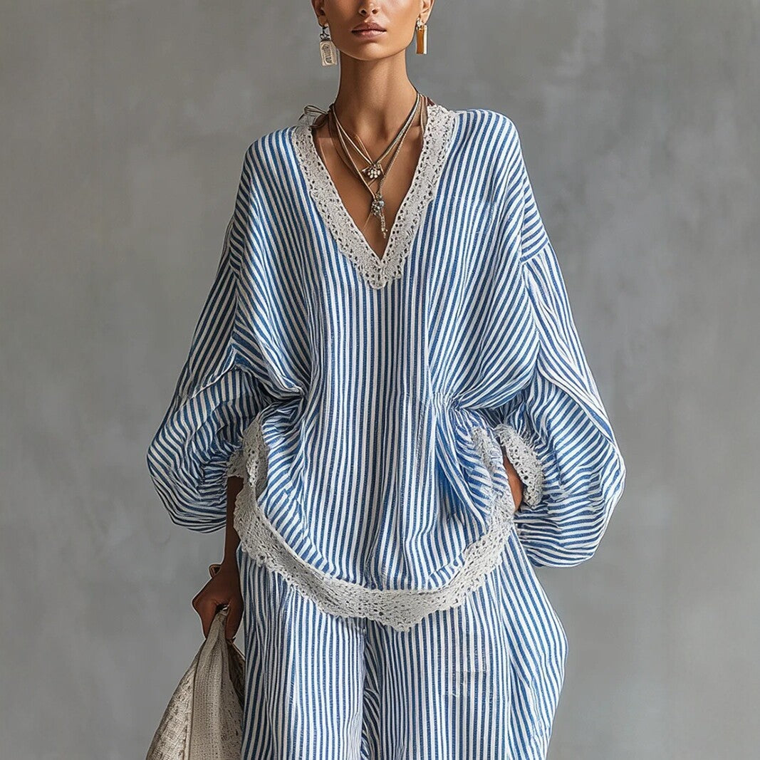 Blue And White Striped Lace-trimmed Loose Set For Women
