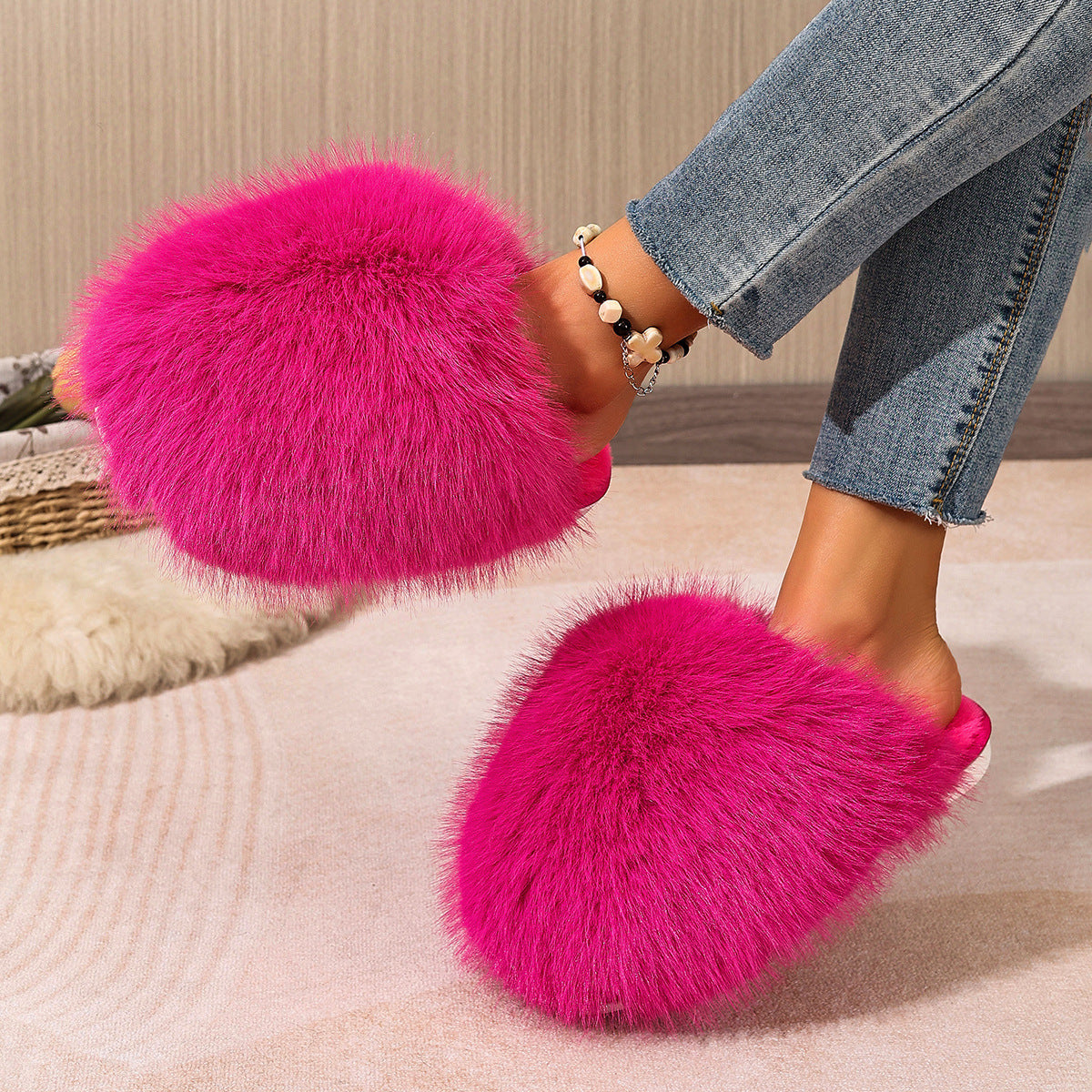 Kvinde Plus-size Ensfarvede Fluffy Store Pelsede Hjemmesko