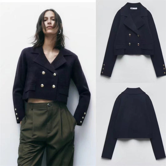 Women's Lapel Double Breasted Knitted Short Coat