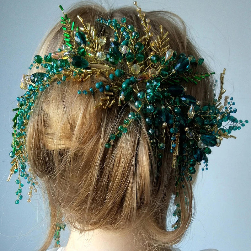 Special Handmade Green Crystal Headbands For Women Bride Lon