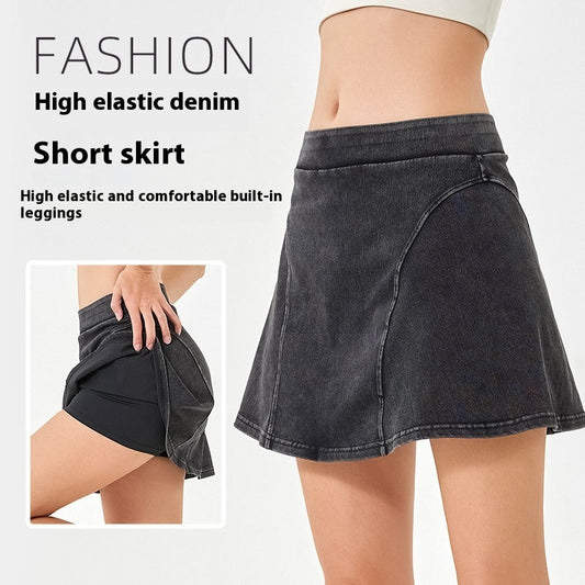 Forår og sommer høj elastisk falsk todelt denim yoga nederdel