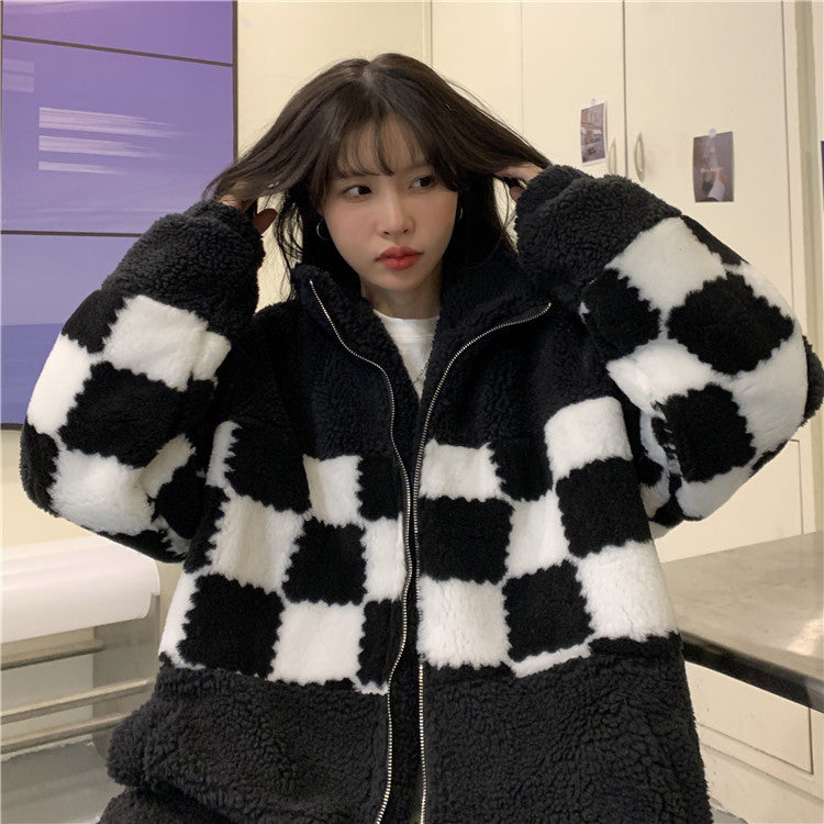 Women's Contrast Color Lamb Wool Cotton Coat