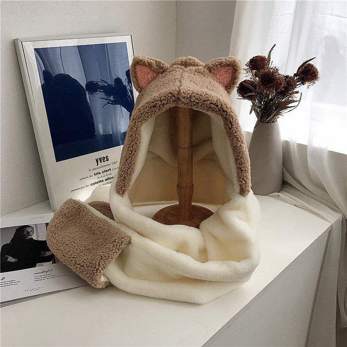 Cute Cat Ears Color Matching Plush Hooded Scarf