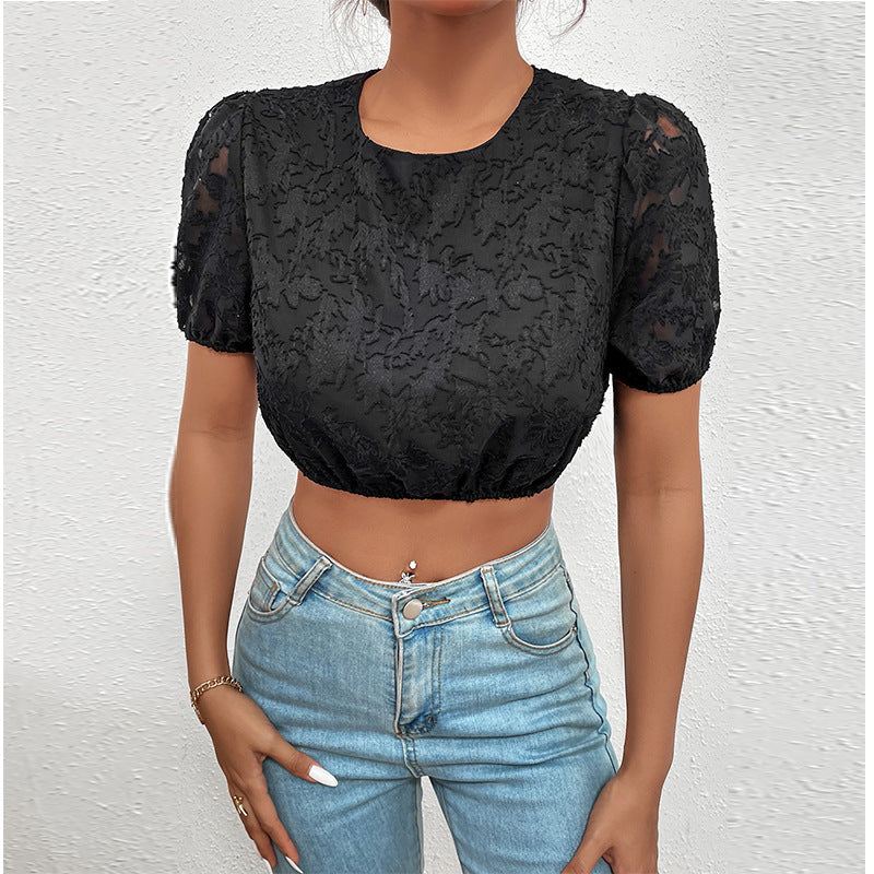 Summer And Autumn New Short-sleeved Hollowed-out Foreign-style Pullover Cropped Navel French Retro Round Neck Top
