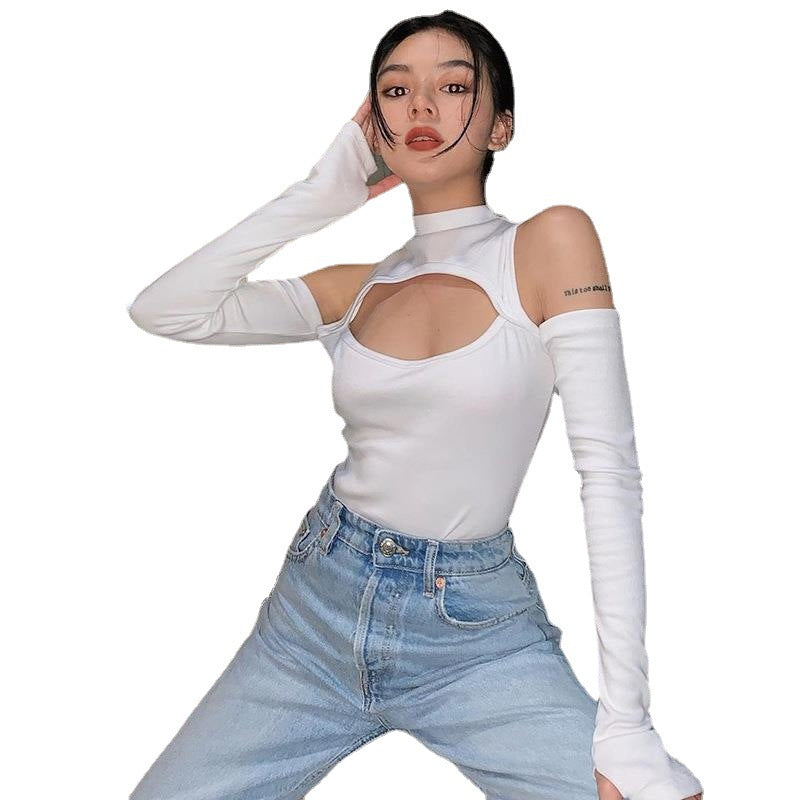 Hollow Out Shoulder-baring Slim-fit Pure Desire Dark Long Cuff Base Bodysuit