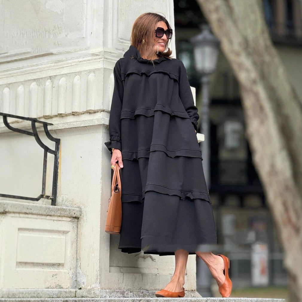 Women's Long Sleeve Patchwork Round Neck Ruffles Dress