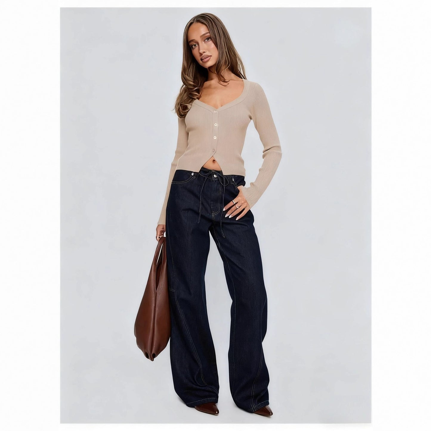 Women's European And American-style Long-sleeved Slim-fit Cropped Knit Top