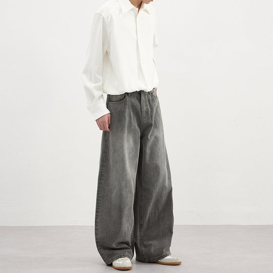 Mens Simple Basic Washed Gray Denim Jeans For FallWinter