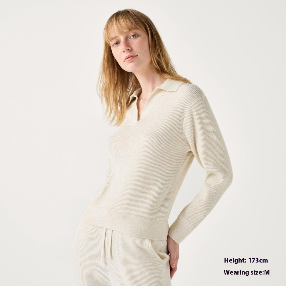 Women's Machine Washable Rib Half-open Collar Sweater