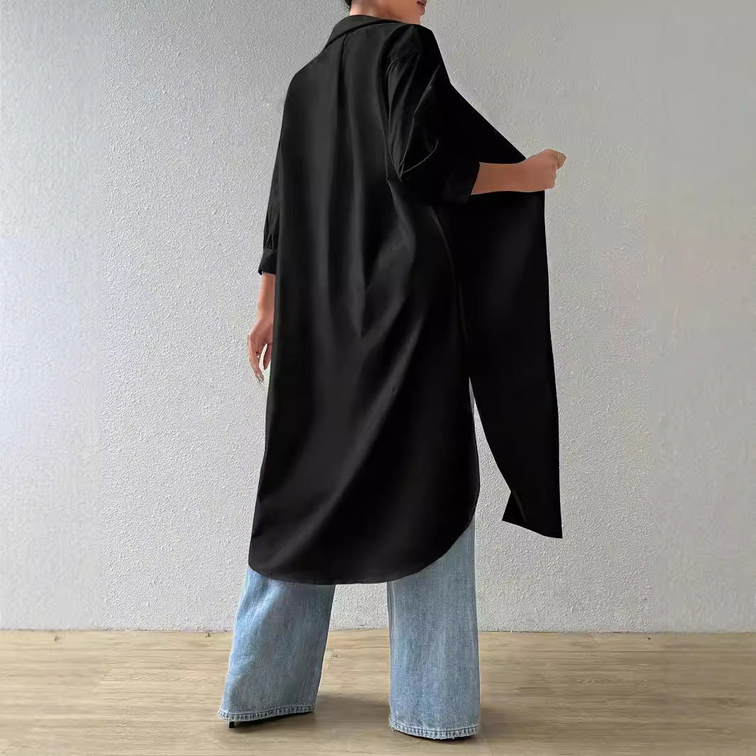 Womens Versatile Long Solid-color Cardigan With Three-quarter Sleeves
