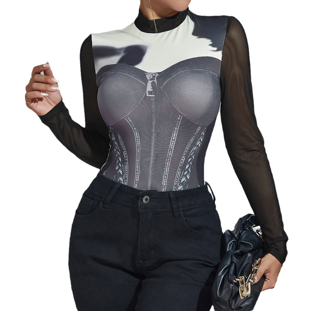 Womens Unique 3D Printed Niche Design Contrasting Color  Bodycon Long-Sleeve Jumpsuit