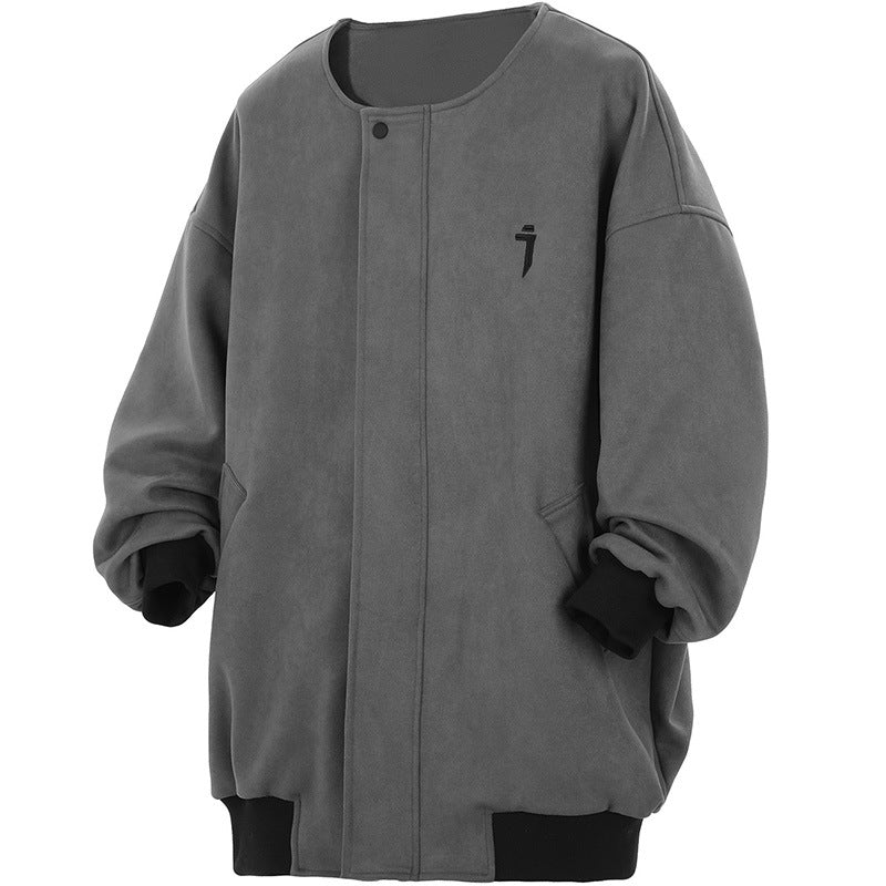 Suede Round Neck Cardigan Coat Men's Baggy Casual Jacket Free Scarf