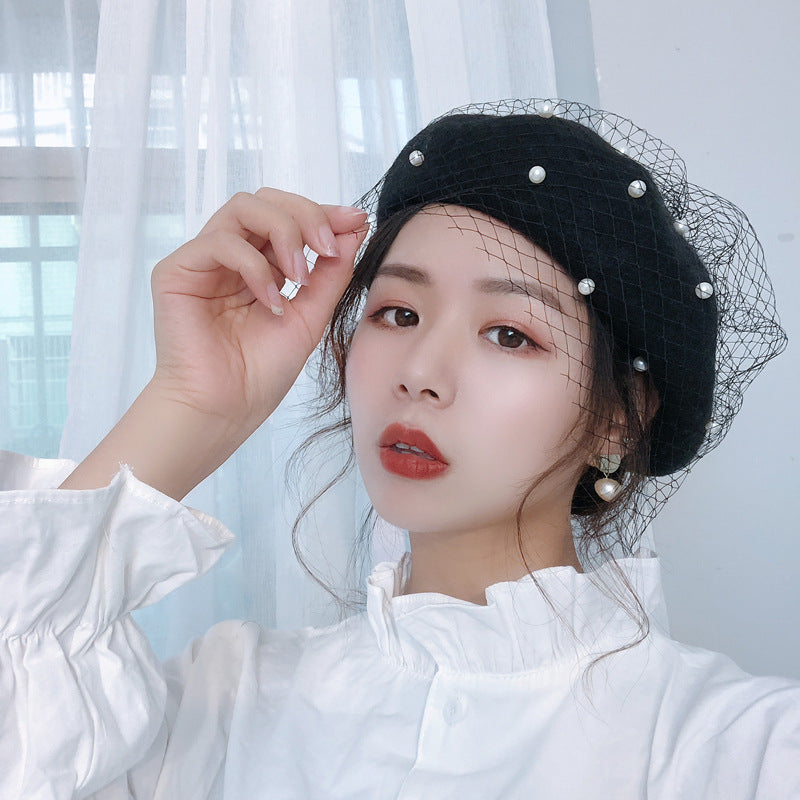 Woolen Pearl Mesh Beret Women's British Retro Hat