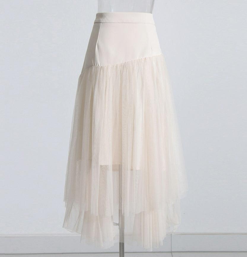 Retro Machine Embroidery Mid-high Waist Buckle Mesh Stitching Skirt