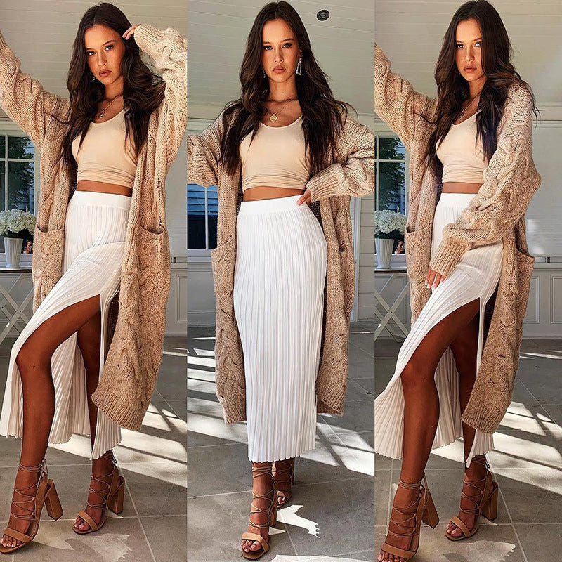 Summer Sexy High Waist Skirt Knitted Slit Skirt Mid-length White Sheath Hot