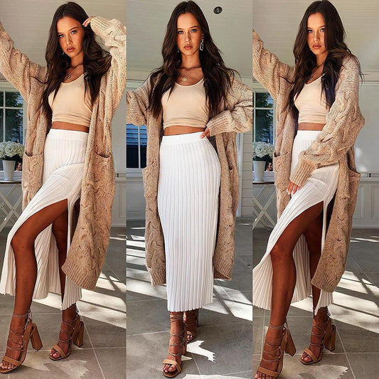 Summer Sexy High Waist Skirt Knitted Slit Skirt Mid-length White Sheath Hot