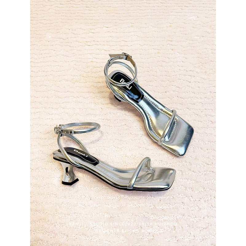 One-strap High Heels Square Toe Black Niche High-end Shit-stepping Sandals