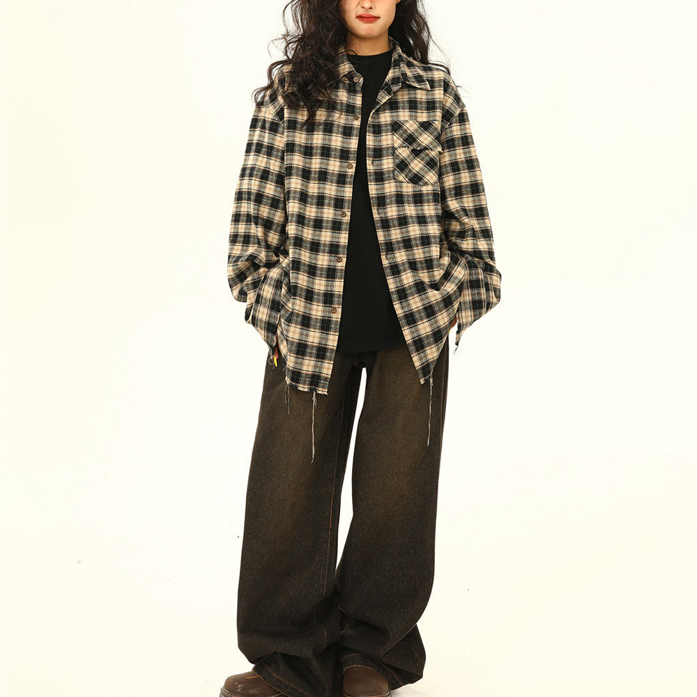 Womens Retro Maillard Loose All-Match Plaid Blouse