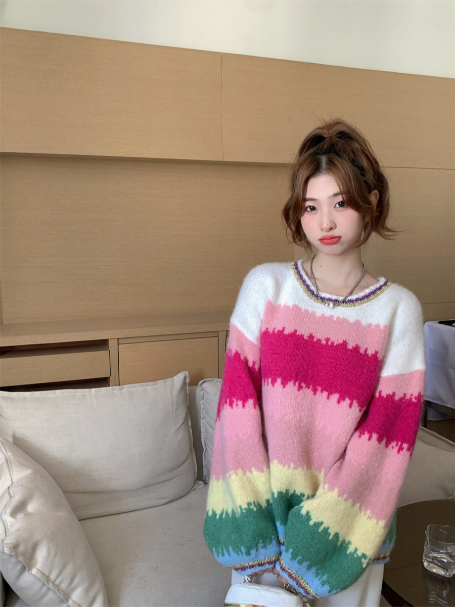 Large Contrast Rainbow Stripe Pullover Sweater For Women Loose And Versatile