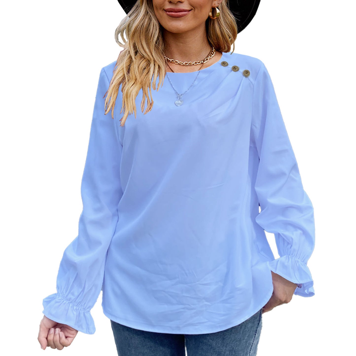 European And American Solid Color Buttons Loose Round Neck Long Sleeve Shirt