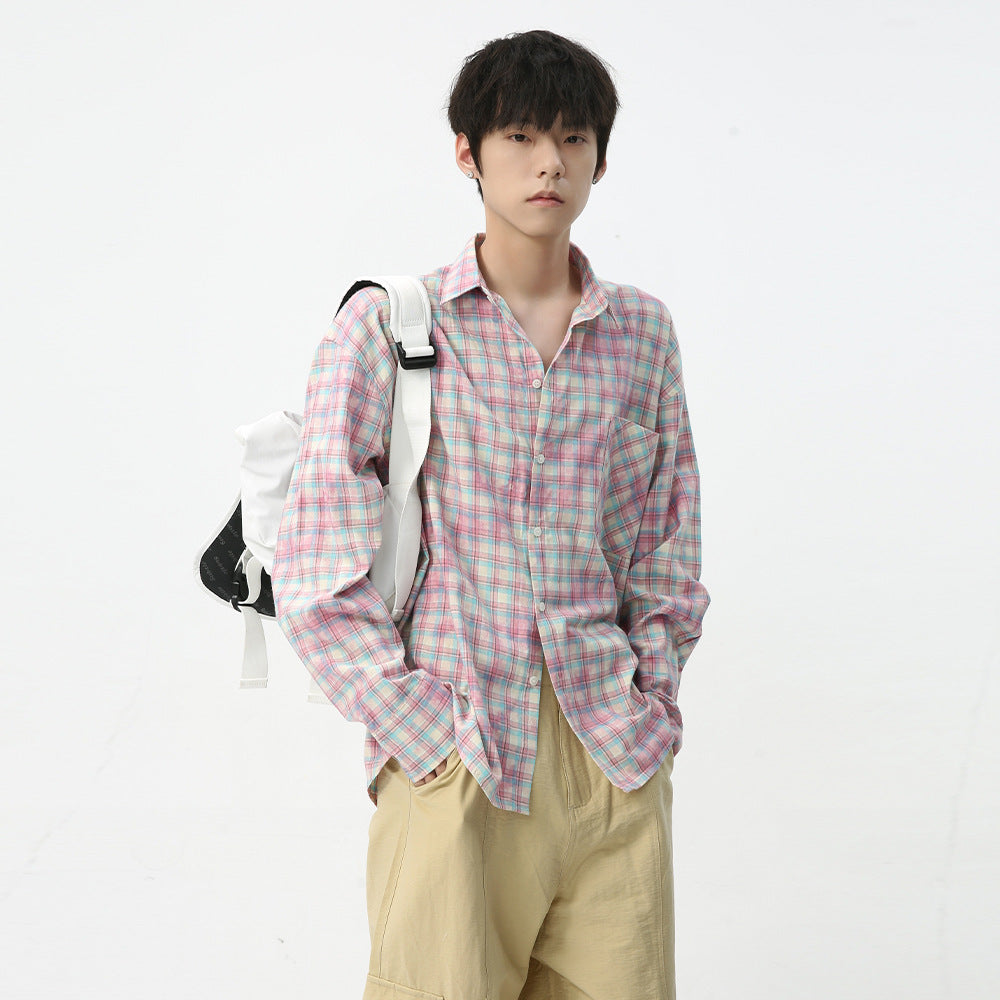 Men's Vintage Tie-dye Plaid Long-sleeved Shirt
