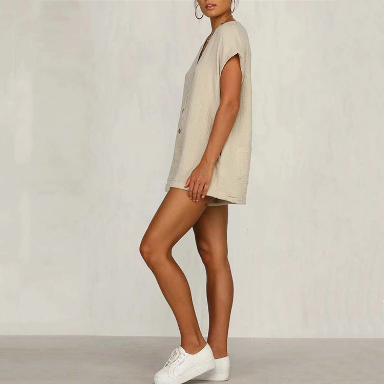 European And American Fashion Button V-neck Loose Short Sleeve One-piece