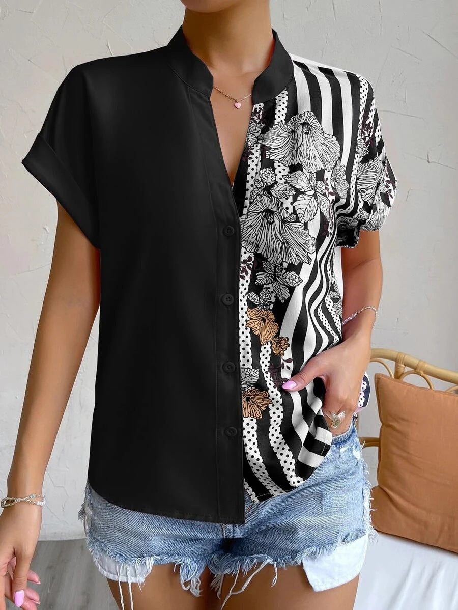 Double Contrast Color Floral Button Cardigan Short Sleeve Shirt