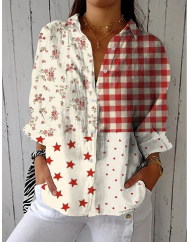 Flowers Print Long Sleeve Shirt Fashion Stand Collar Button Tops For Women Clothing