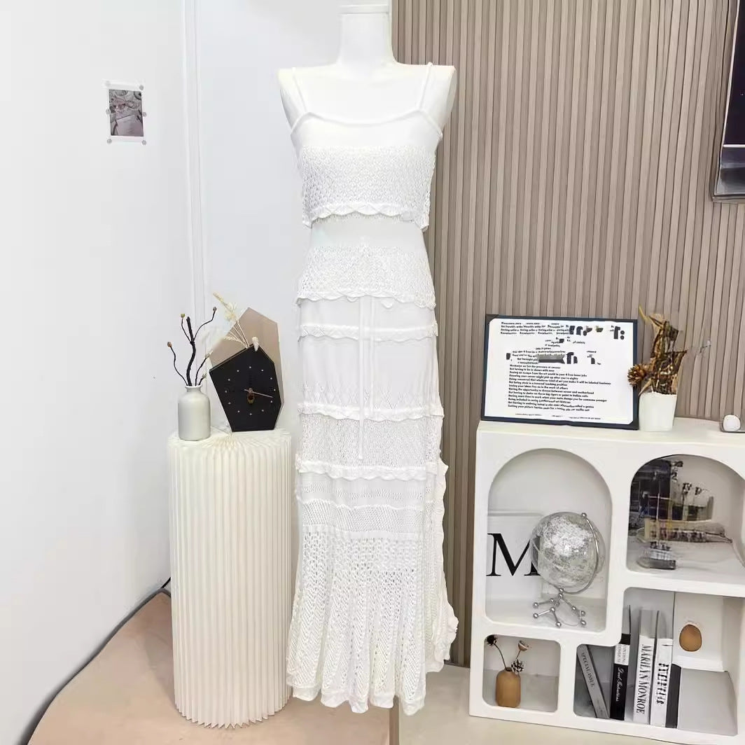 Nanfa Manor Holiday French Style Round Hollow Sling Crocheted Vintage Mid-length Dress Set