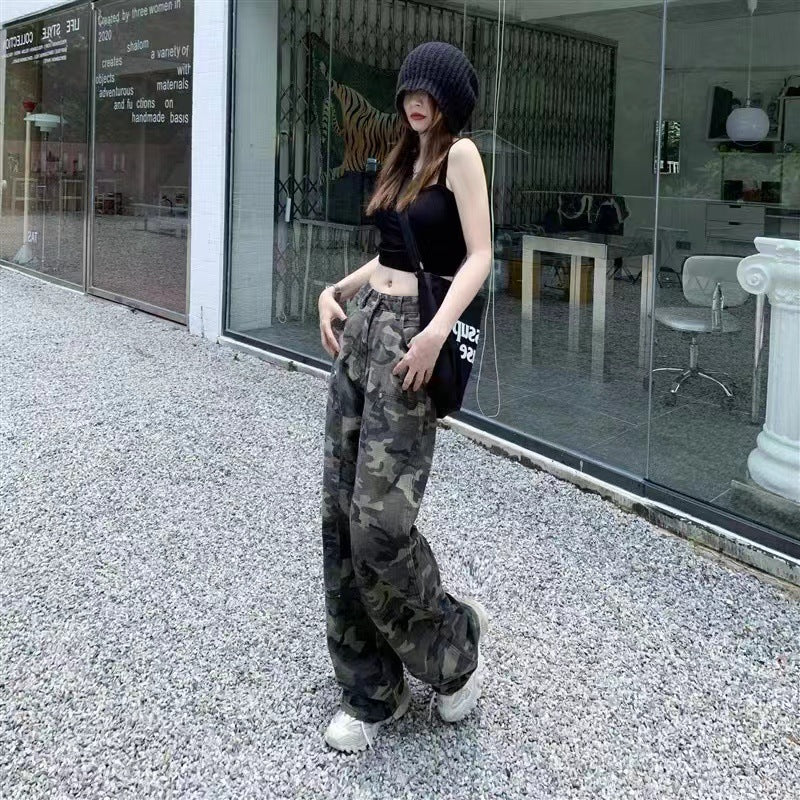 Camouflage-arbejdsjeans til kvinder, lige løs retro hiphop-stil højtaljede ekstra lange bukser med brede ben
