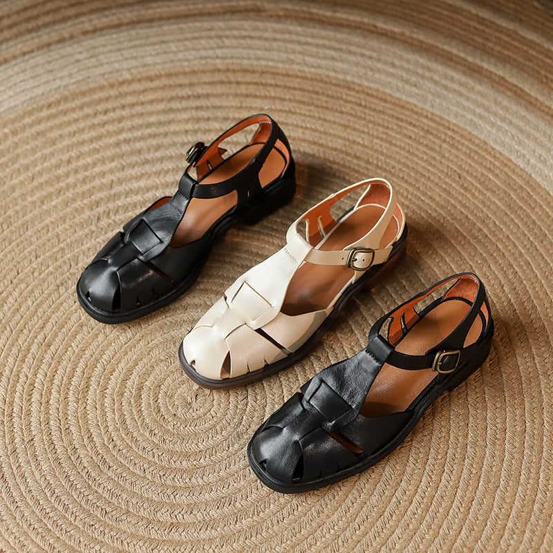 Women's Cowhide Retro Toe Roman Sandals