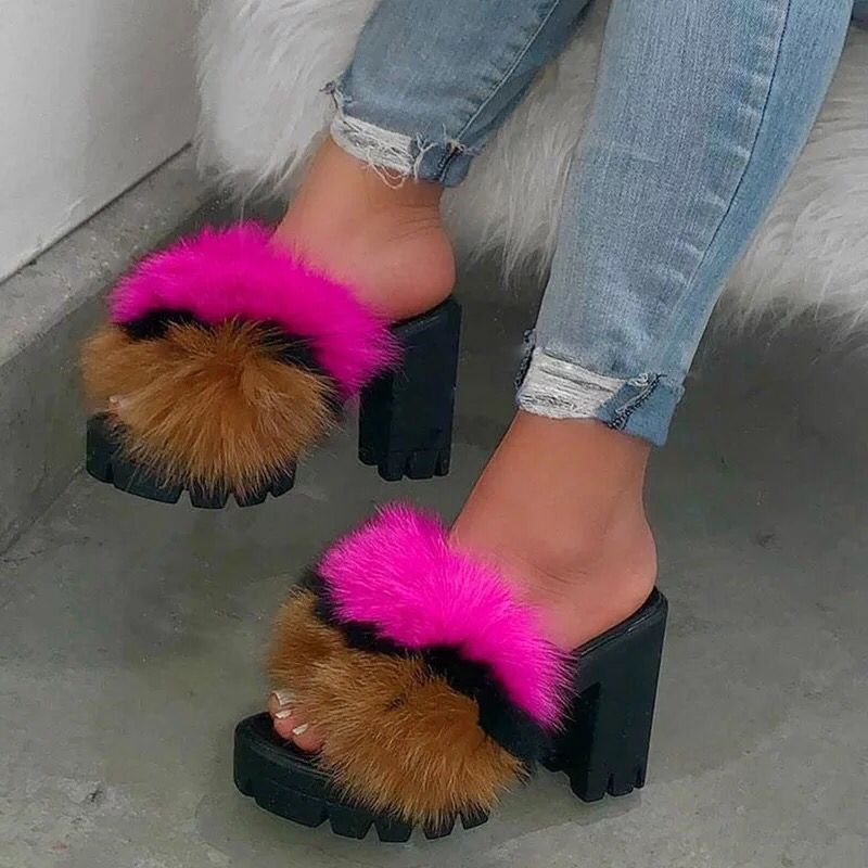 Waterproof Platform High-heeled Sandals Women's Plus Size Color Plush Slippers
