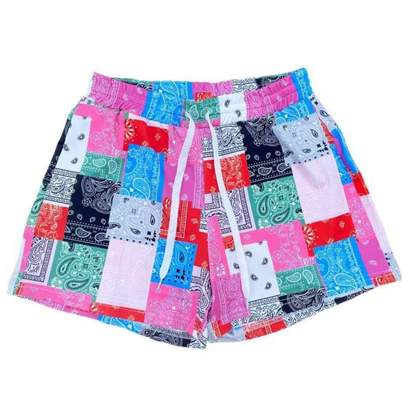 Women's Cashew Flower Color Stitching Printing Drawstring Shorts