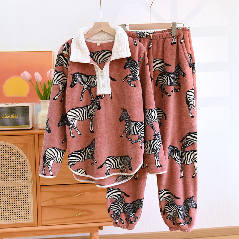 Women's Zipper Collar Pullover Flannel Pajamas Suit